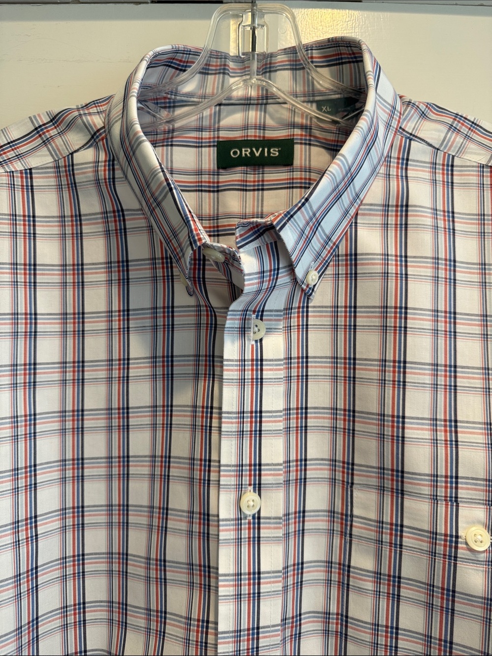 Orvis Men's White Button-Down Shirt with Blue & Red Plaid Size XL